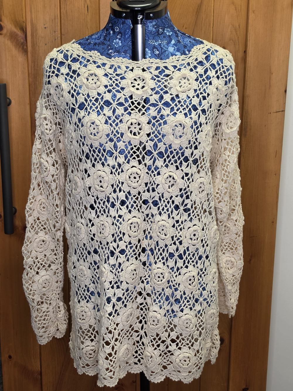 Vintage Crochet Openwork Scoop Neck Sweater - Cream